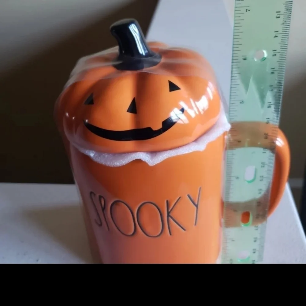 Rae Dunn SPOOKY Mug with PUMPKIN Topper - Halloween Coffee cup - ORANGE - Cerami